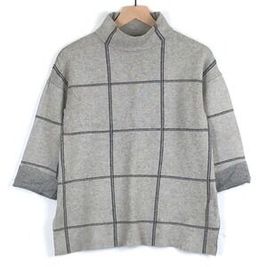 TAHARI Mock Neck 3/4 Cuff Sleeve Sweater Sz S Gray Blue Plaid Knit Top Casual